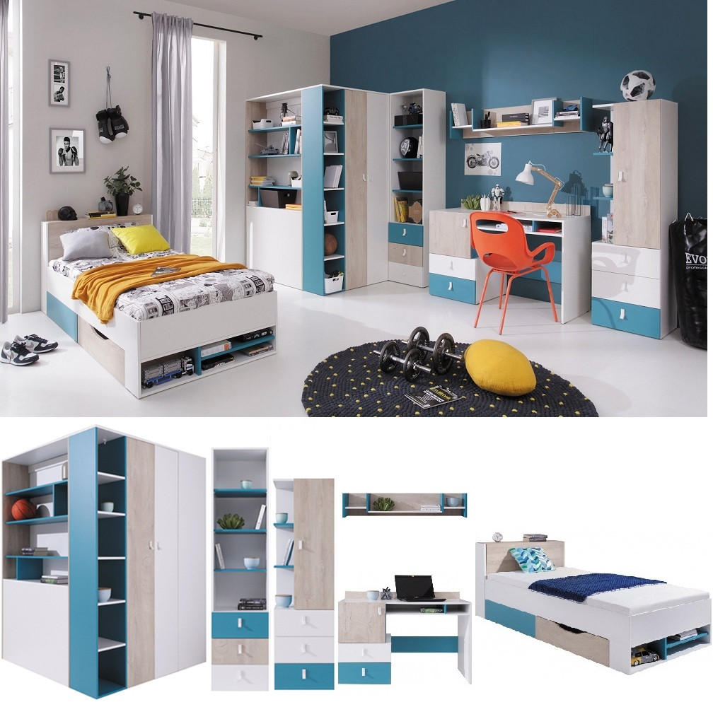 JUGENDZIMMER Space Set B mit Bett 90 x 200 - Weiß-Eiche-Türkis - Türkis/Eichefarben, Holzwerkstoff (135/190/135cm) - QMM TraumMöbel