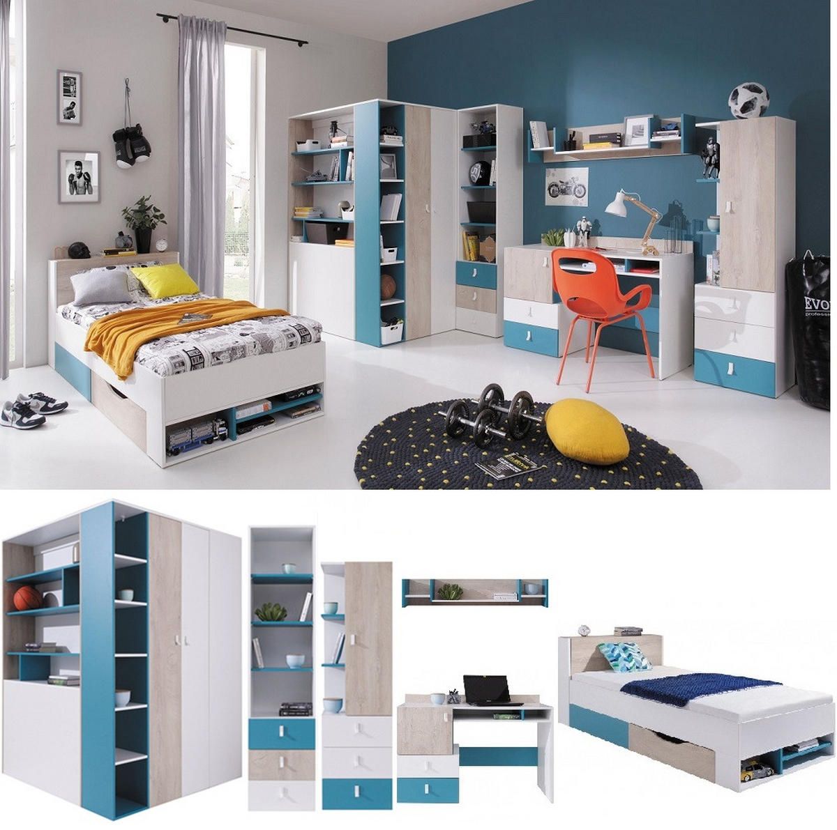 JUGENDZIMMER Space Set B mit Bett 90 x 200 - Weiß-Eiche-Türkis - Türkis/Eichefarben, Holzwerkstoff (135/190/135cm) - QMM TraumMöbel