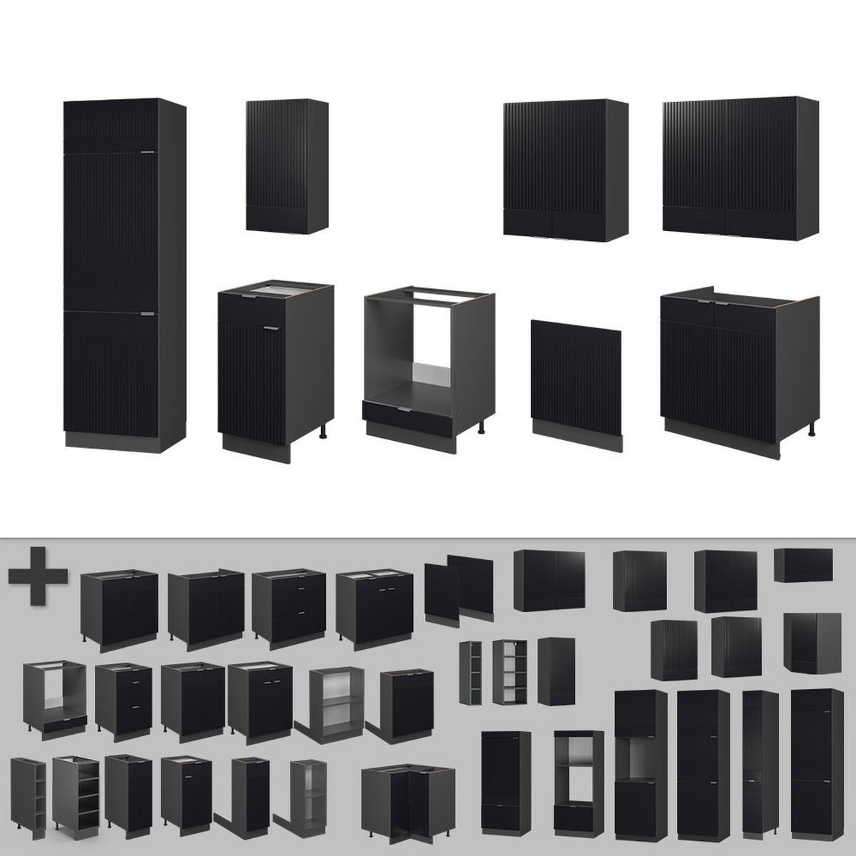 KÜCHENZEILE Fame-Line, Schwarz gestreift/Anthrazit, 300 cm, AP Eiche - Anthrazit/Schwarz, Holzwerkstoff (300/81.6/60cm) - Vicco