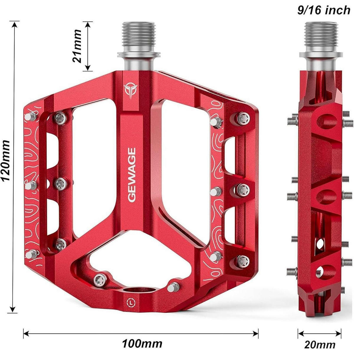 FAHRRADPEDALE Set – Flat Pedale für Mountainbike & Gravel Bike, rutschfest, Aluminiumlegierung, CNC-gefräst, - Rot, Metall (10/2/12cm)