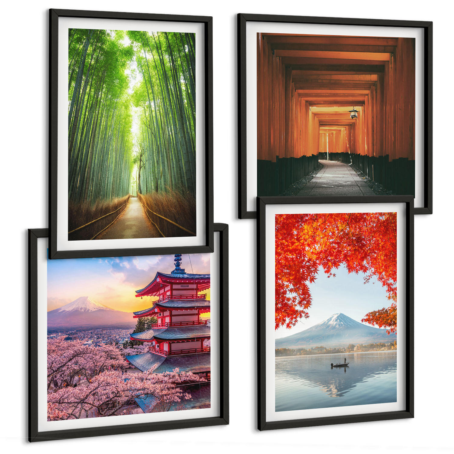 BILDER SET 4er Set - 50x50 cm & 40x60 cm Schwarzer Rahmen - Fuji-Torii-Bambuswald, Japan - Schwarz, Kunststoff (50/50cm) - TULUP