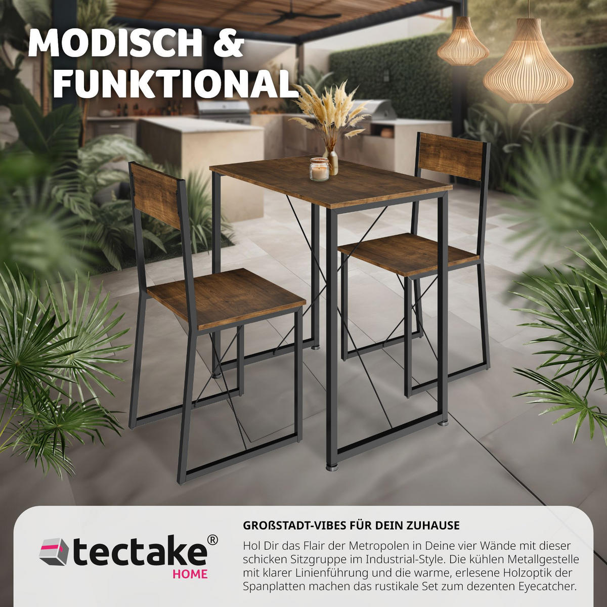 SITZGRUPPE Margate,mit höhenverstellbaren Kunststofffüßen,Industrial Holz dunkel, rustikal - Rostfarben, Holzwerkstoff (80/90/138cm) - tectake