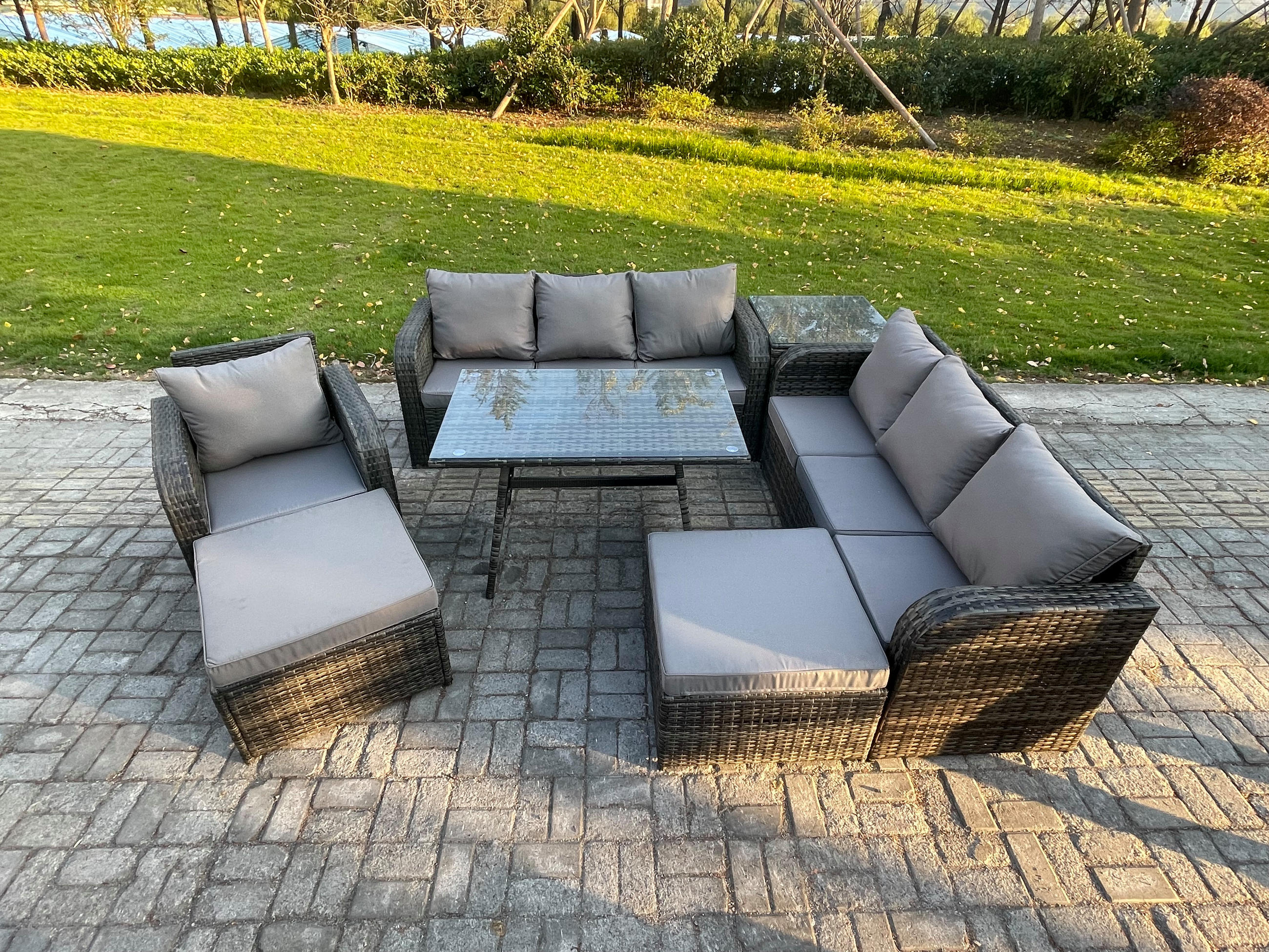 GARTENSET Hohe Rückenlehne Polyrattan 9-Sitzer - Dunkelgrau/Grau, Glas/Kunststoff - Fimous