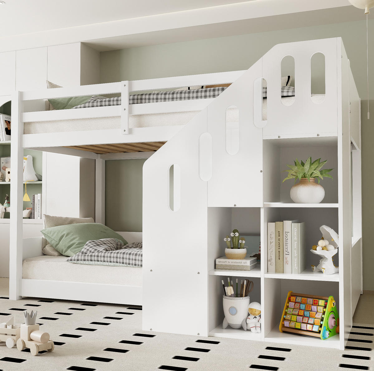 ETAGENBETT Kinderbett 90/200 cm aus Kiefer/MDF mit Stauraumtreppe und Schließfächern Weiß - Weiß, Holz (90/200cm) - Modenvie