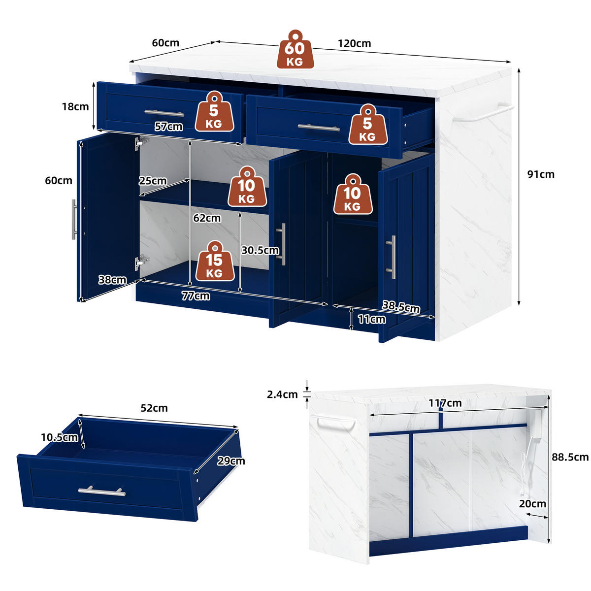 KÜCHENINSEL 120x60x91cm Blau Marmoroptik mit Bartheke & Schubladen - Blau, Holzwerkstoff (120/91/60cm) - Modfu