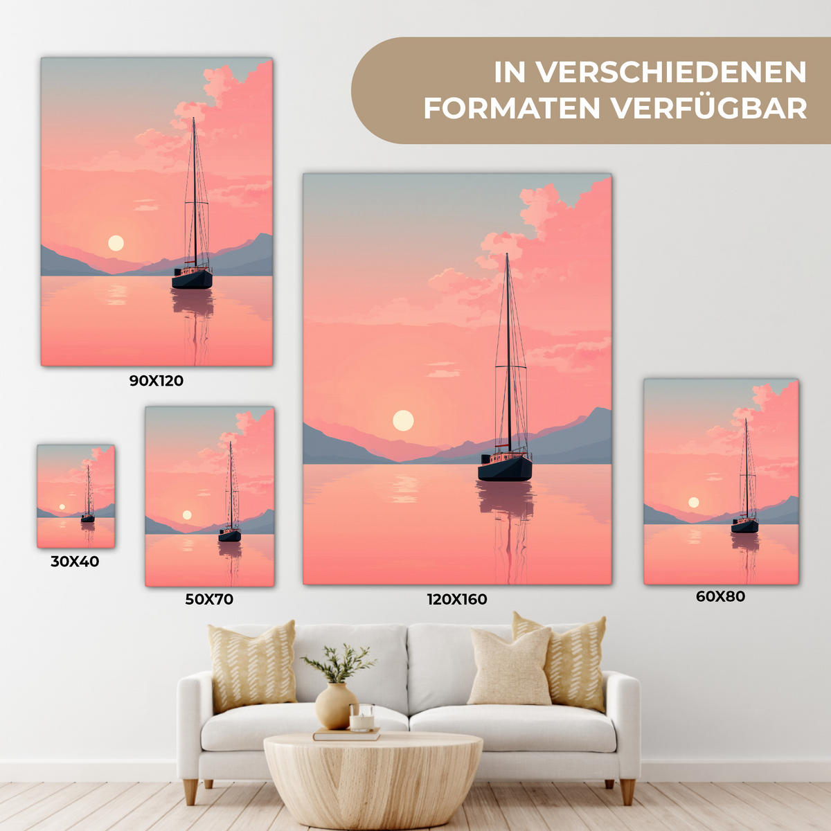 LEINWANDBILD Segelboot - Rosa Meer - Sonnenuntergang - Berge Wandbild Wohnzimmer 60x80 cm - Rosa, Textil (60/80cm) - MuchoWow