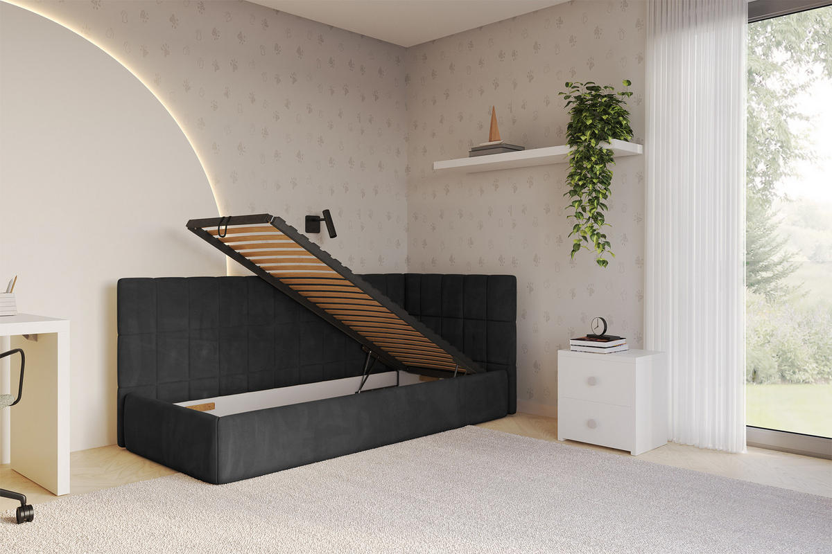 EINZELLBETT Jugendbett mit Bettkasten, Links - TULY 90x200 Schwarz - Schwarz, Holzwerkstoff/Textil (90/200cm) - ALTDECOR