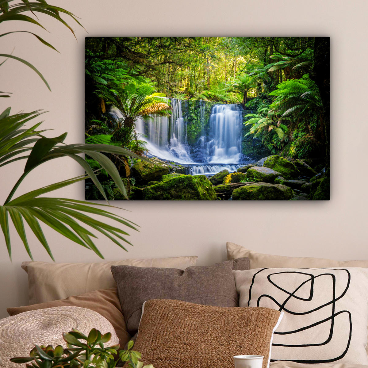 LEINWANDBILD Dschungel - Wasserfall - Australien - Pflanzen - Natur Gemälde 60x40 cm - Dunkelgrün, Textil (60/40cm) - MuchoWow