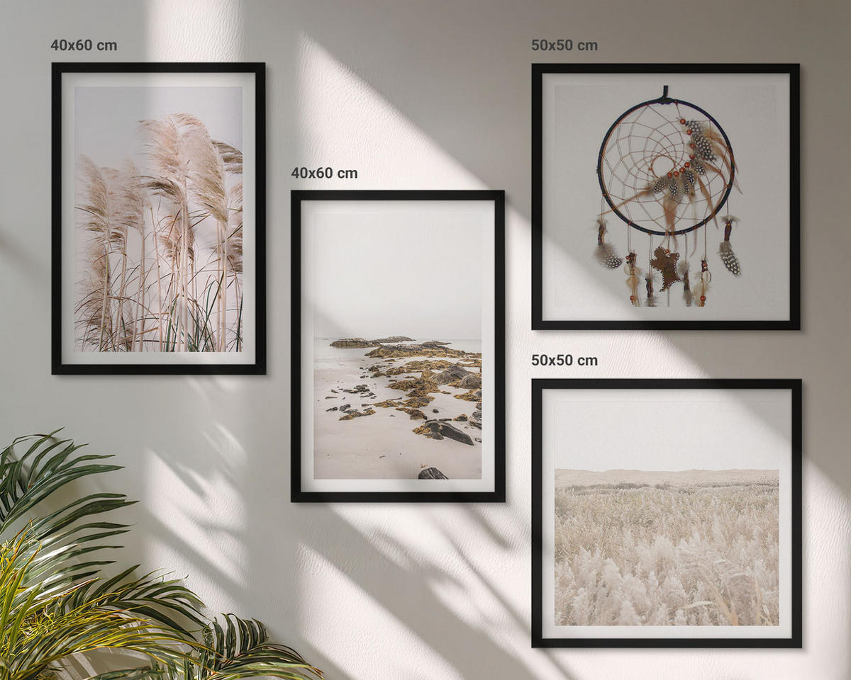 WANDBILDER 4er-Set - 50x50 cm & 40x60 cm Schwarzer Rahmen - Wiesen, Strand, Boho-Stil - Schwarz, Kunststoff (50/50cm) - ArtPrintCave