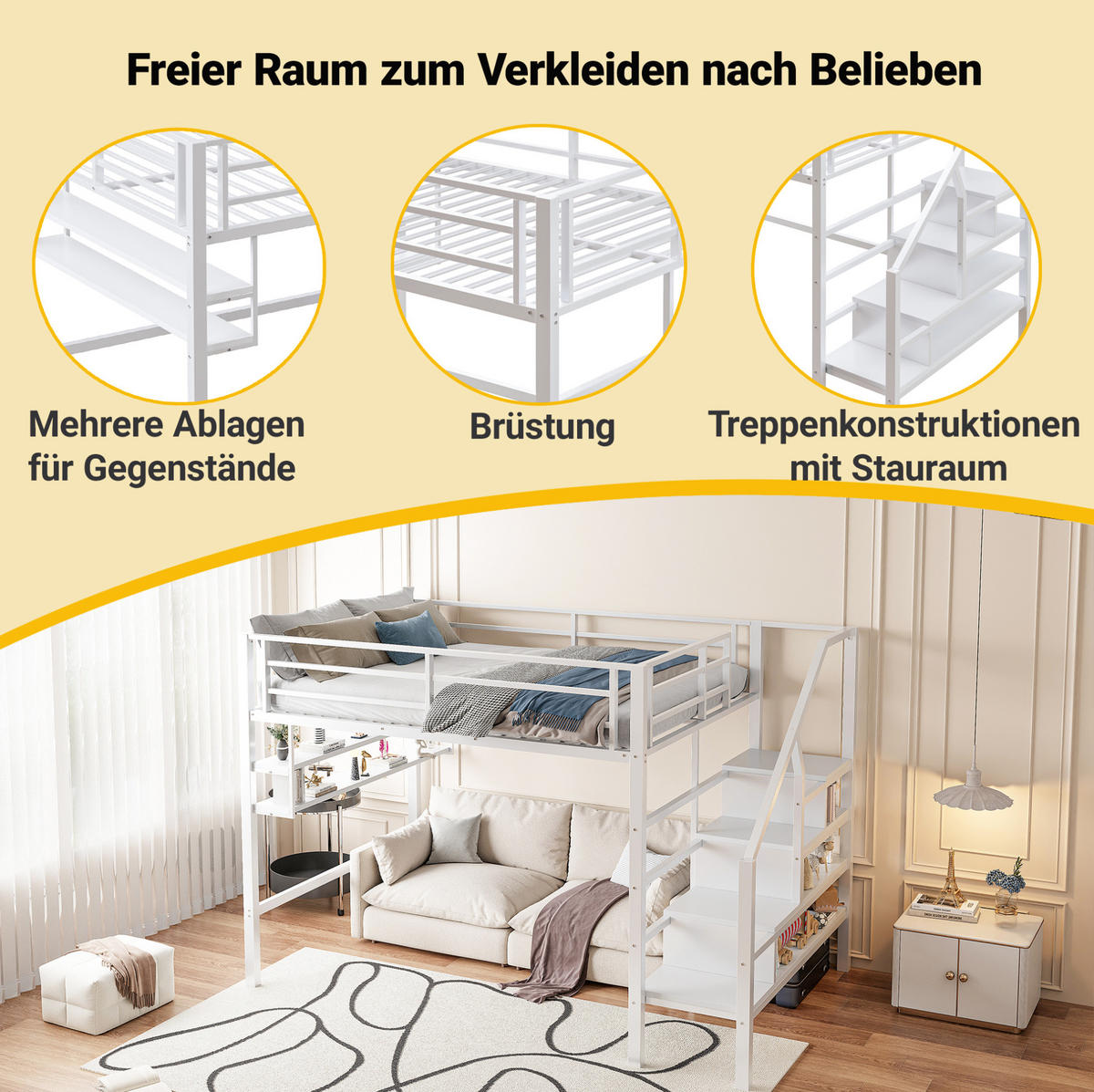 HOCHBETT 140/200 cm aus Metall mit Stauraumleiter, Regalfächern und Freiraum unter dem Bett, Weiß - Weiß, Metall (140/200cm) - Redom