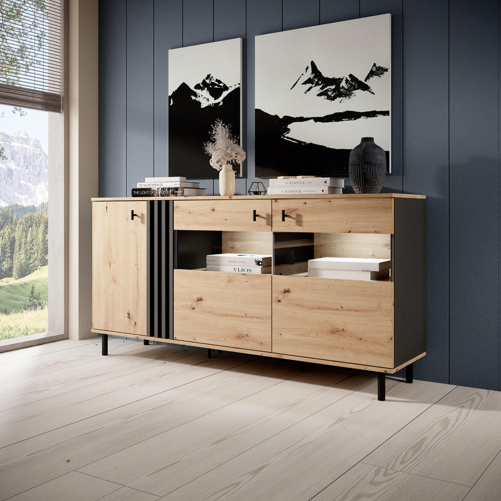 Thumbnail - Masseno Sideboard, Eiche Artisan, Anthrazit, Holzwerkstoff, 165x83x40 cm, Wohnzimmer, Kommoden & Sideboards, Sideboards