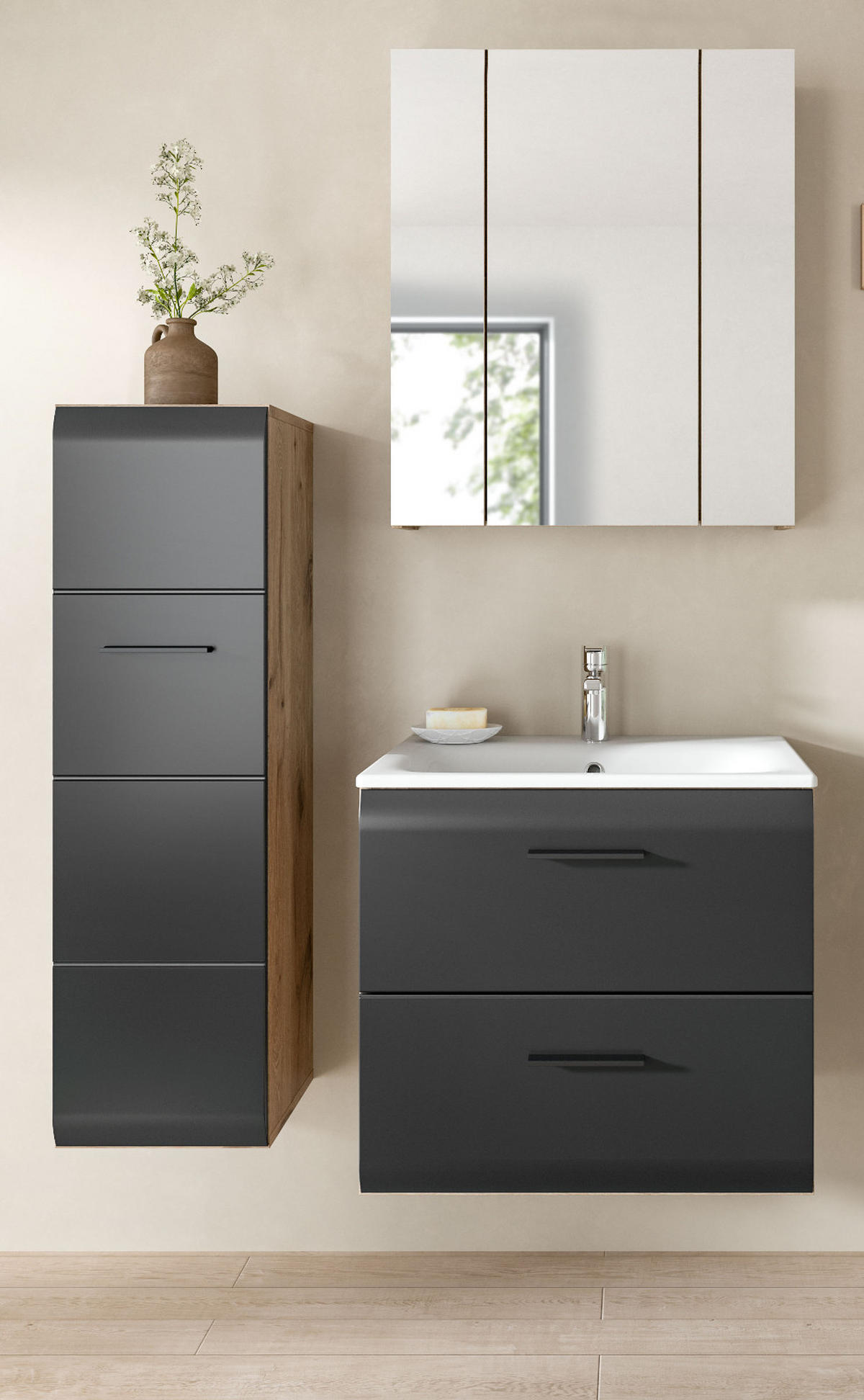 BADMÖBEL Set 3-teilig in schwarz matt und Eiche, Badezimmer komplett mit Waschbecken, 105 x 185 cm Cover - Eichefarben/Schwarz, Glas/Holzwerkstoff (105/185/46cm) - Inn.Furn