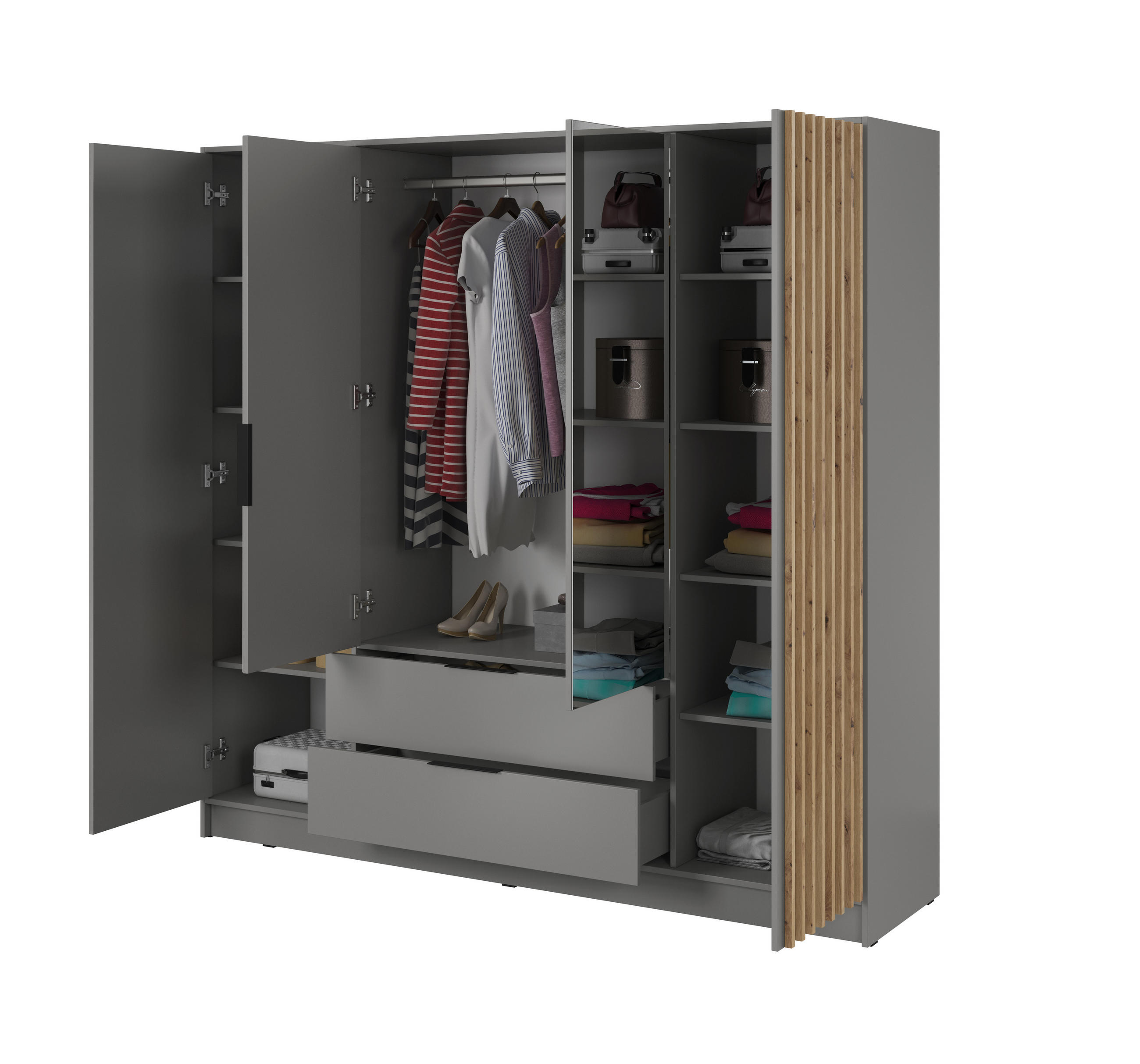 DREHTÜRENSCHRANK NELIANA 206/200/51 cm 4-türig mit Spiegel Grau - Grau, Holzwerkstoff (206/200/51cm) - MASSENO