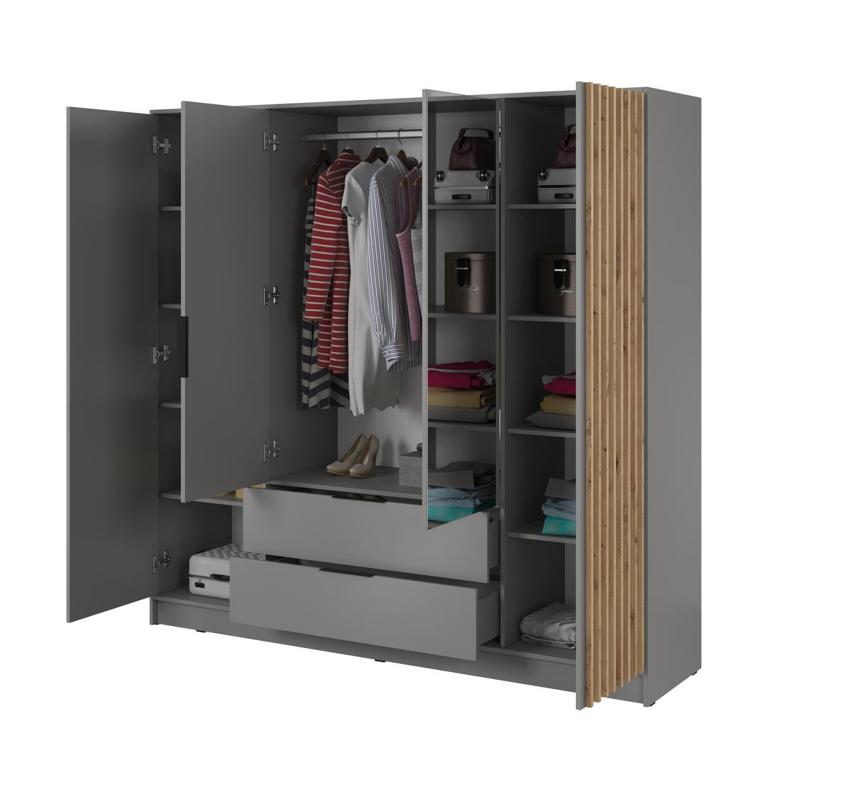 DREHTÜRENSCHRANK NELIANA 206/200/51 cm 4-türig mit Spiegel Grau - Grau, Holzwerkstoff (206/200/51cm) - MASSENO