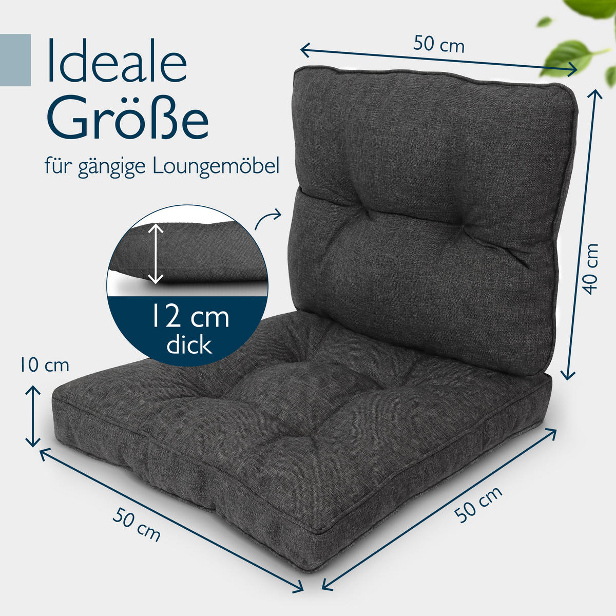 LOUNGEKISSEN Beauflair Outdoor Sitz 50x50x10cm mit Rücken 50x40x12cm Graphitgrau (2tlg) - Graphitfarben, Textil (50/50cm) - Beautissu 