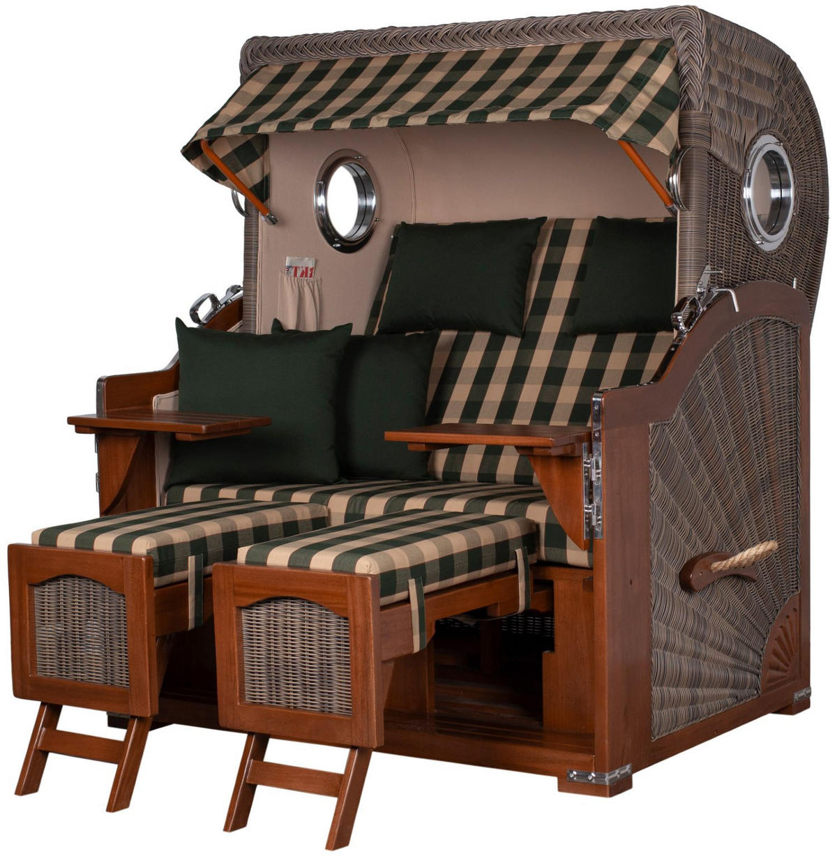 STRANDKORB Komplettset: Ammersee Grande XL Mahagoni Bullauge - PE grau - Modell 506 - Beige/Grün, Holz/Kunststoff (142/165/95cm) - bene living