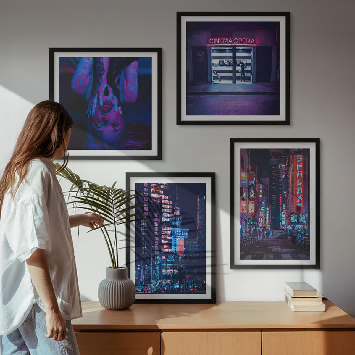 WANDBILDER 4er-Set - 50x50 cm & 40x60 cm Schwarzer Rahmen - Nachtstadt mit Neonlichtern - Schwarz, Kunststoff (50/50cm) - ArtPrintCave