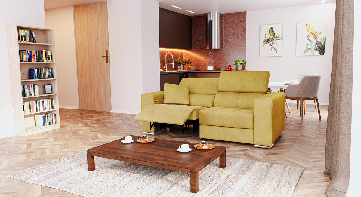 SOFA QUARTZ 3-Sitzer mit 1 Relaxfunktion, honig - Silberfarben/Honig, Holzwerkstoff/Textil (204/80/102cm) - Courtois Laville