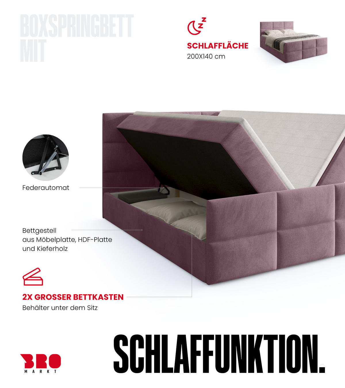 BOXSPRINGBETT Boston Duo Mit Bettkasten, Topper und Matratze Hellrosa Kronos 27 140x200 cm - Hellrosa/Schwarz, Textil (140/200cm) - Bromarkt