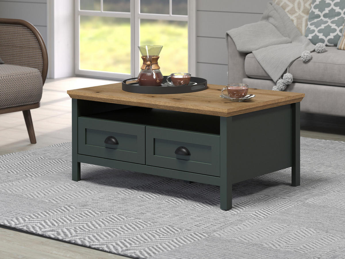 COUCHTISCH grün, Evoke Eiche Landhaus 101 x 60 cm, Beistelltisch mit Schubkästen - Eichefarben/Schwarz, Holzwerkstoff/Kunststoff (60/101/45cm) - Top.Furn