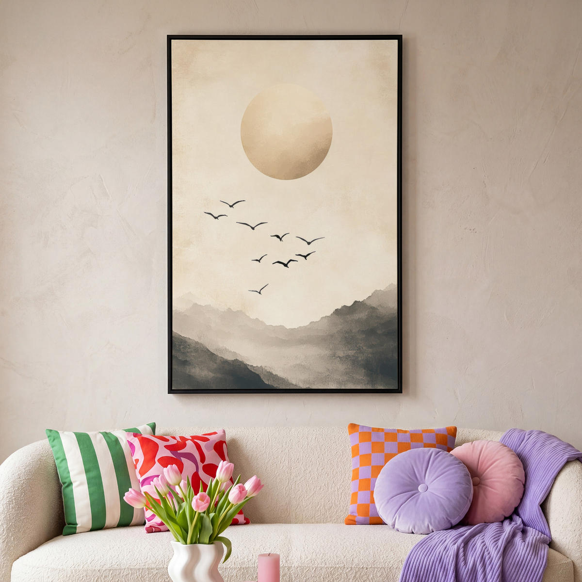 LEINWAND Bilder mit Rahmen - Landschaft - Japandi - Vogel - 100x150 - Beige, Textil (100/150cm) - MuchoWow