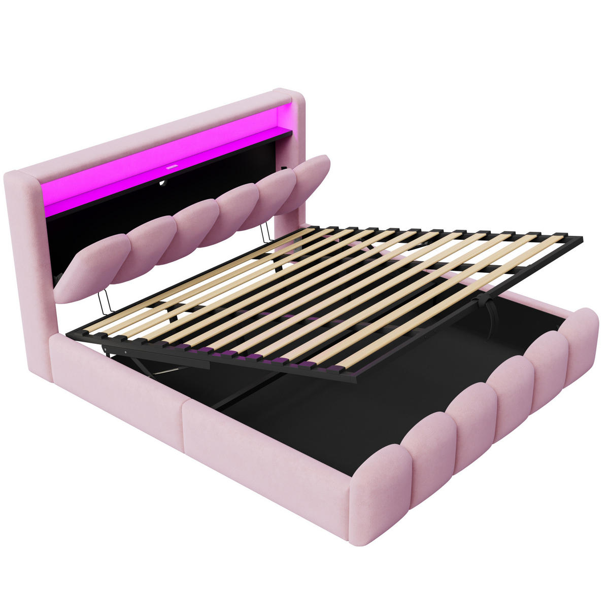 POLSTERBETT aus Samtstoff 180x200 cm Pink mit Bettkasten, Kopfteil-Stauraum, LED und USB-Anschlüssen - Pink, Textil (180/200cm) - Modfu