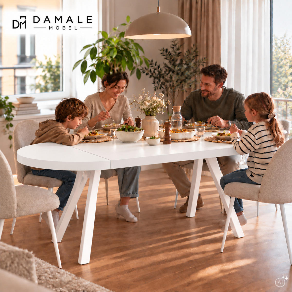 ESSTISCH rund ausziehbar 90/190/76 cm, Weiß, 54 cm Tischplatte + Y Metallgestell Schwarz - Schwarz/Weiß, Holzwerkstoff/Metall (90/190/76cm) - Damale Möbel