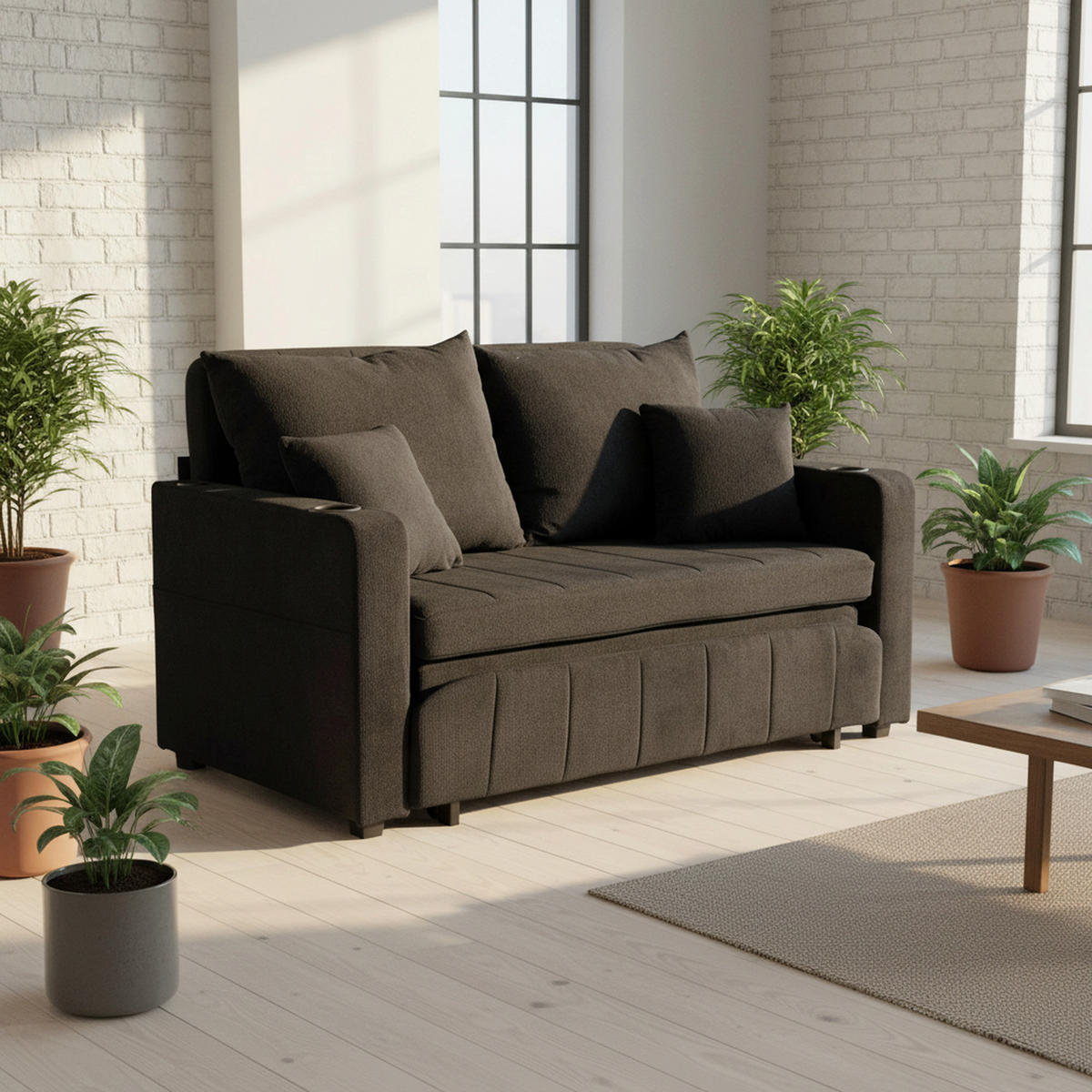 SCHLAFSOFA aus chenille mit bettfunktion, usb-anschluss & becherhaltern - Schwarz, Textil (139/83/73cm) - Urban Meuble