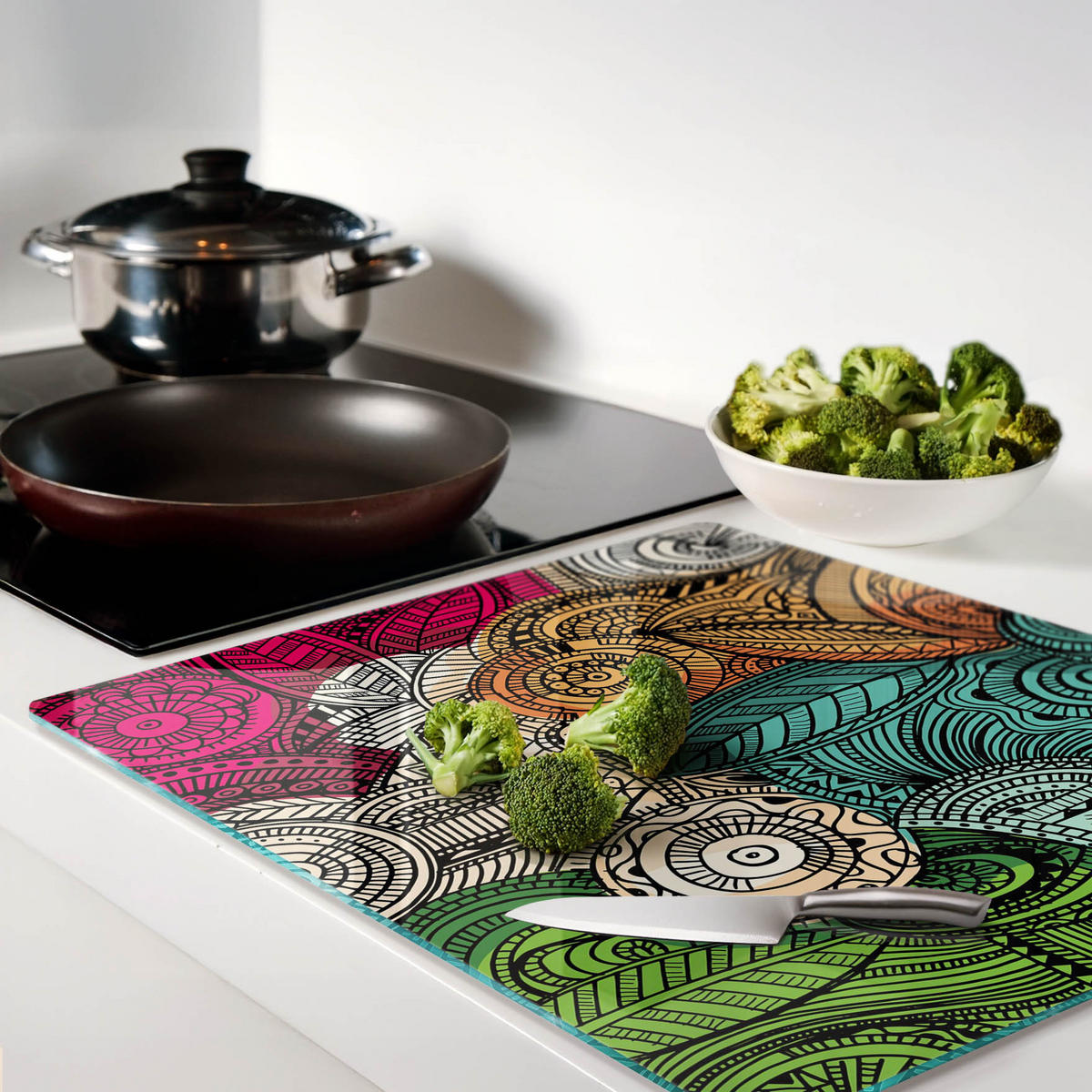 GLASPLATTE 60x52 cm Abstrakte Federn - Multicolor, Glas (60/0.4/52cm) - TULUP