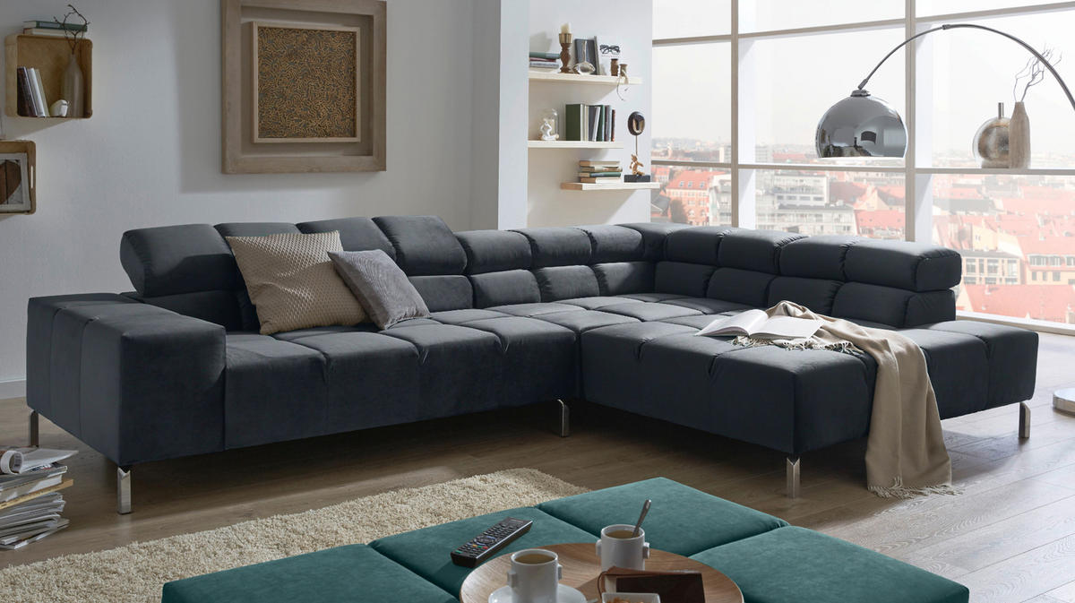 ECKSOFA MIT MOTORISCHEM SITZVORZUG NELSON Schwarz Velvet Relaxfunktion - Silberfarben/Schwarz, Textil (321/216cm) - KAWOLA