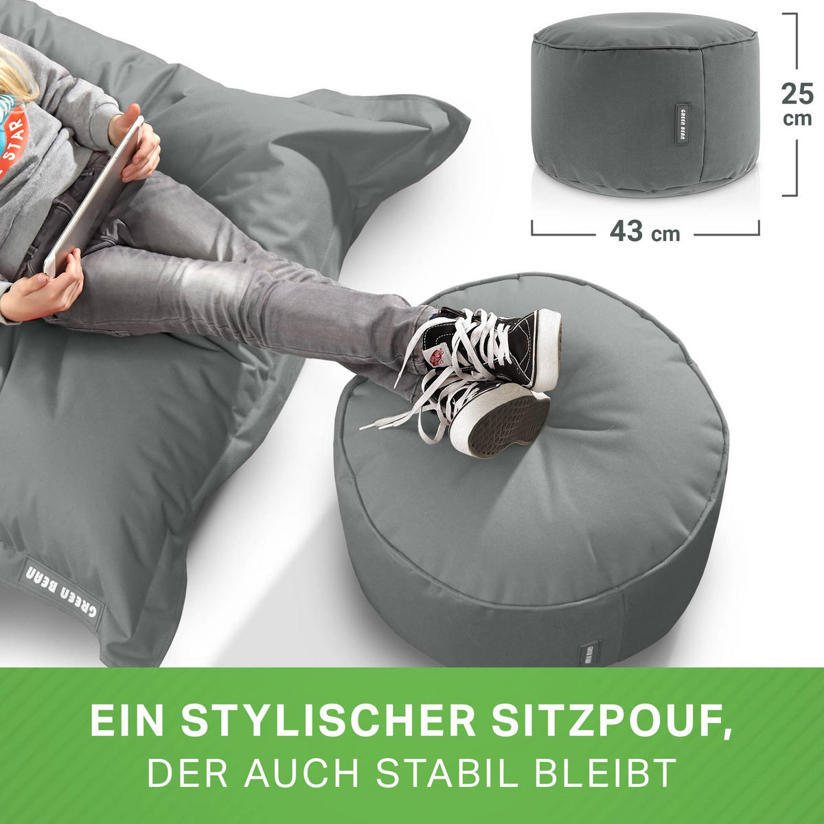 SITZSACK-HOCKER Pouf "Stay" 45x25cm - Hellgrau, Textil (45/25/45cm) - Green Bean