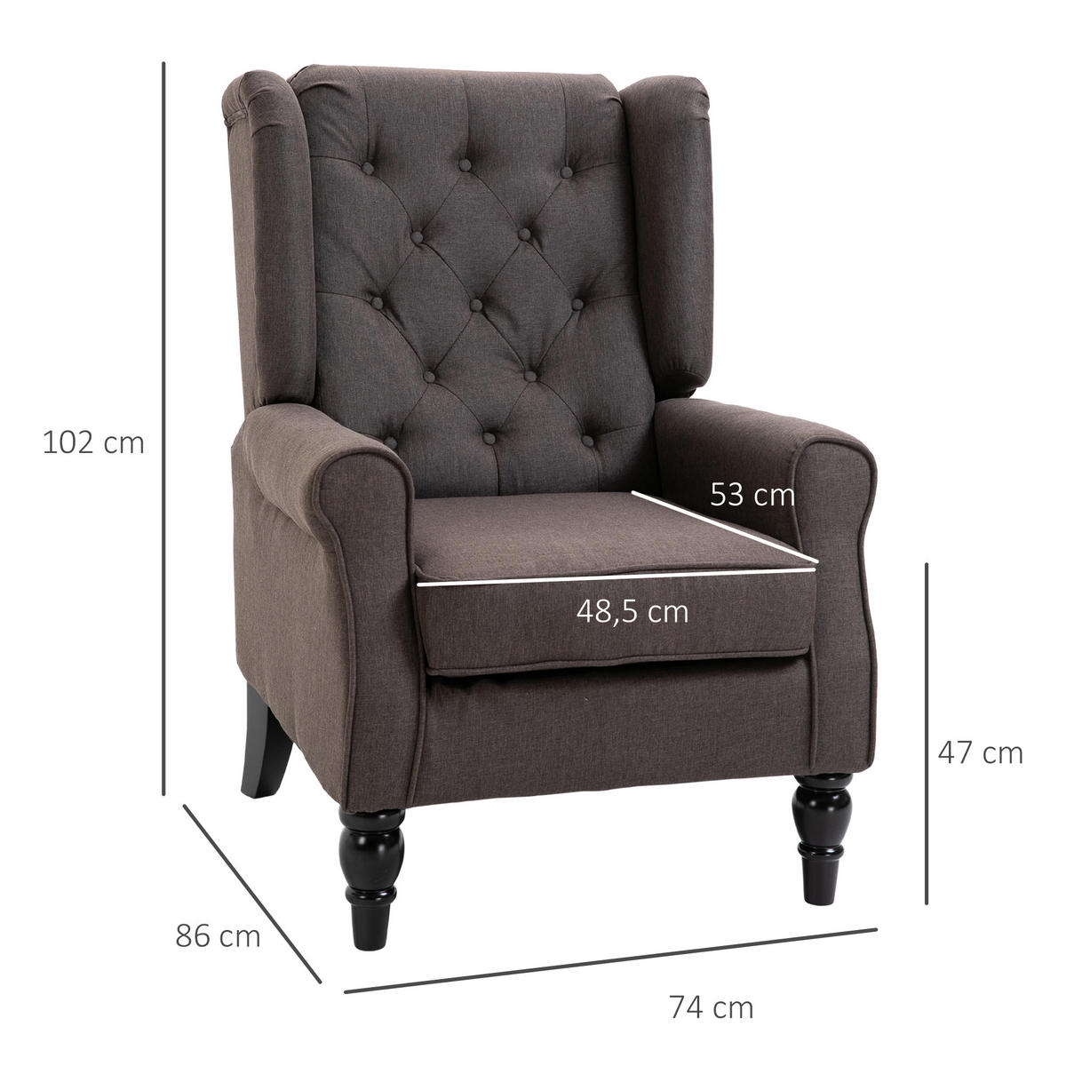 EINZELSESSEL mit Tufting Relaxsessel Einzelstuhl Holzfüße Polyester 2 Farben - Schwarz/Braun, Holz/Textil (86/102/74cm) - HOMCOM