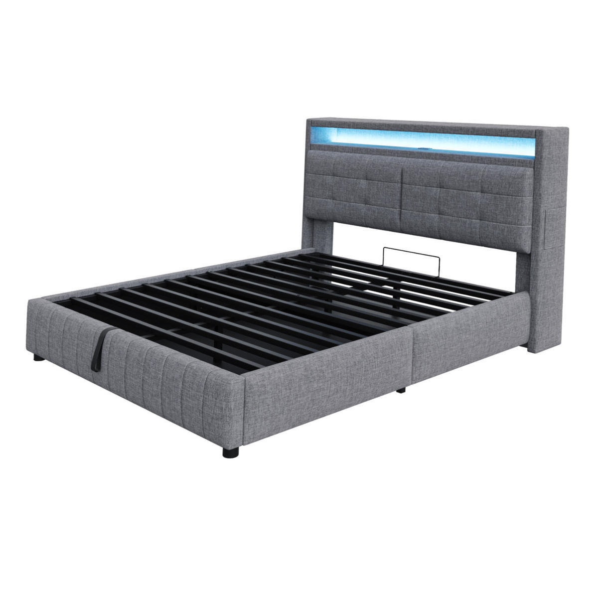 POLSTERBETT mit LED, USB und Stauraum 160x200 cm Leinenstoff Grau - Grau, Metall (160/200cm) - Meubliv