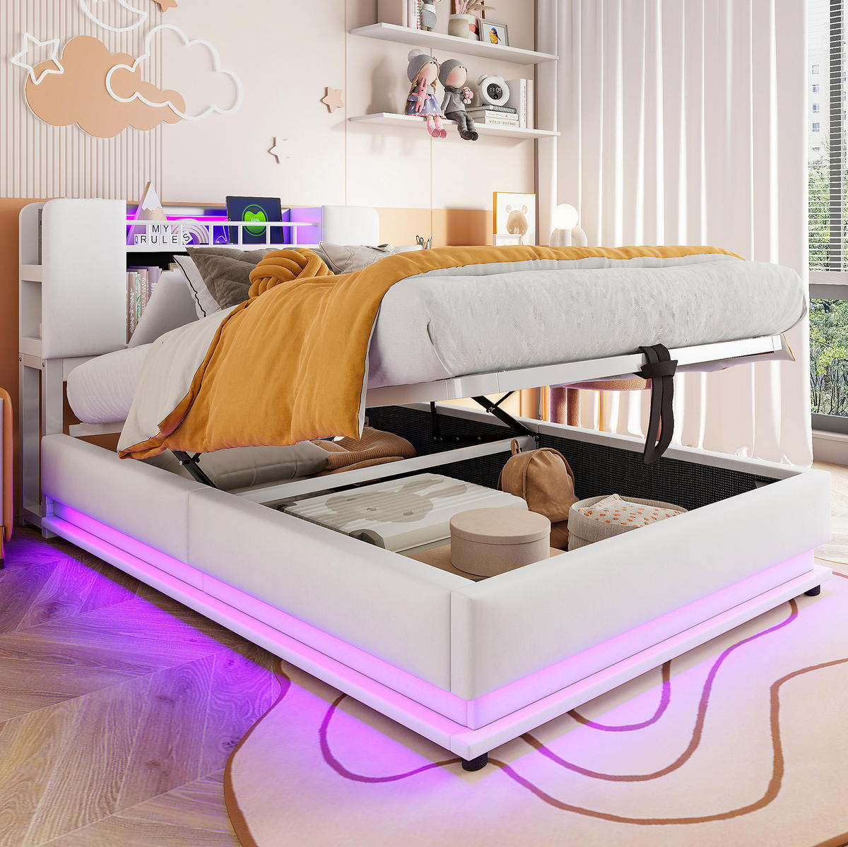 POLSTERBETT 90/200 cm Beige mit Stauraum mit LED-Beleuchtung und USB- und Type-C-Anschlüssen Samtbezug - Beige, Textil (90/200cm) - OKWISH