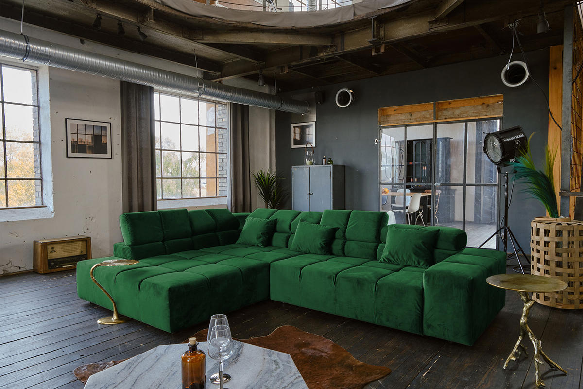 ECKSOFA MIT MOTORISCHEM SITZVORZUG NEVADA Smaragdgrün Velvet - Smaragdgrün/Schwarz, Textil (319/215cm) - KAWOLA