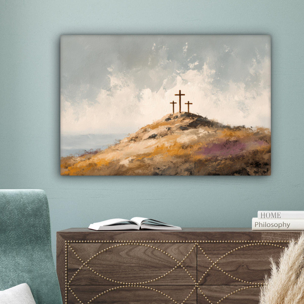 LEINWANDBILD Hügel - Abstrakt - Christentum - Kreuz Wanddeko 90x60 cm - Hellgrau, Textil (90/60cm) - MuchoWow
