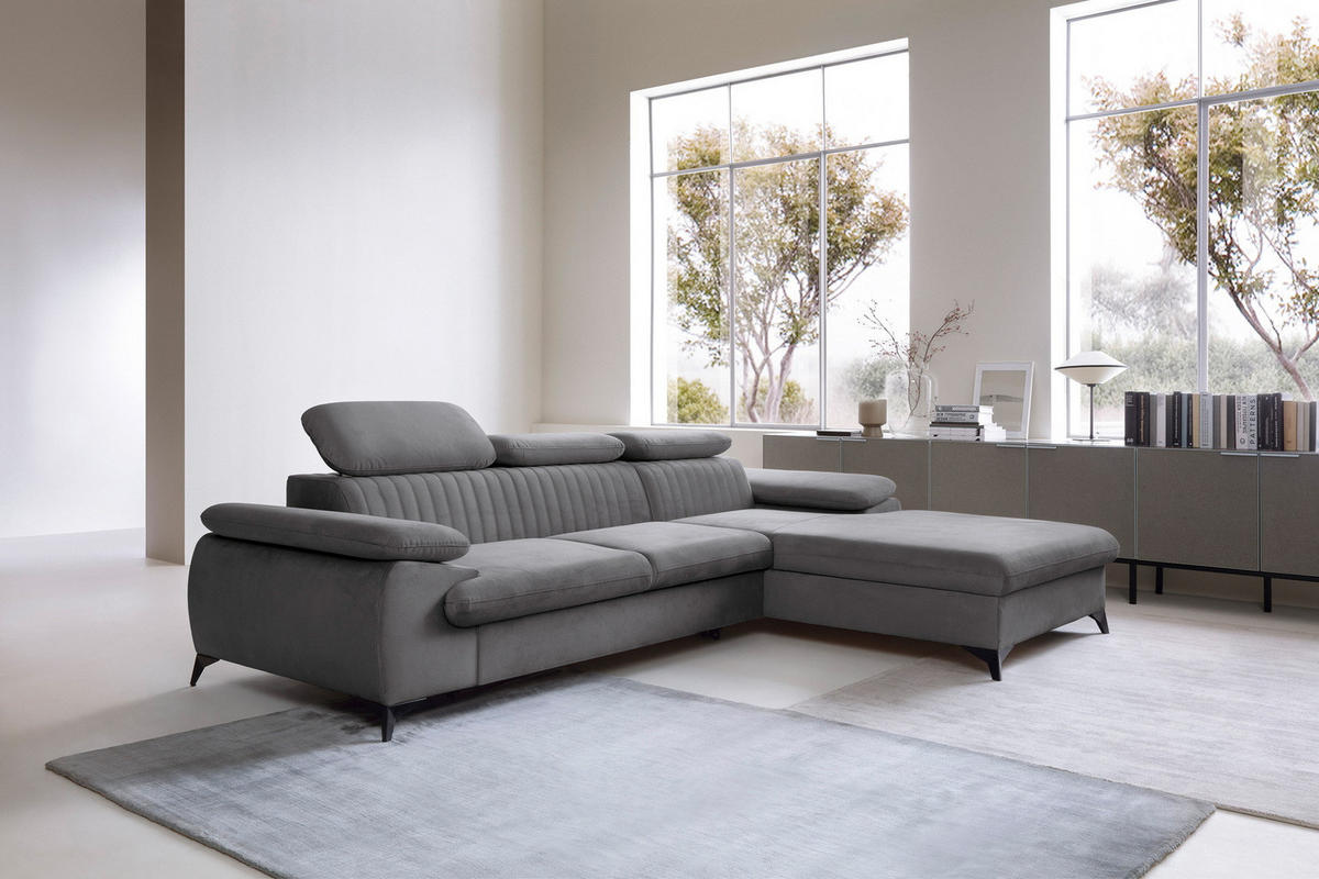 ECKSOFA 280 cm Xanto M, Schlaffunktion, verstellbaren Kopfstützen, Rechts, Dunkelgrau - Dunkelgrau, Holz (193/280cm) - Emporius