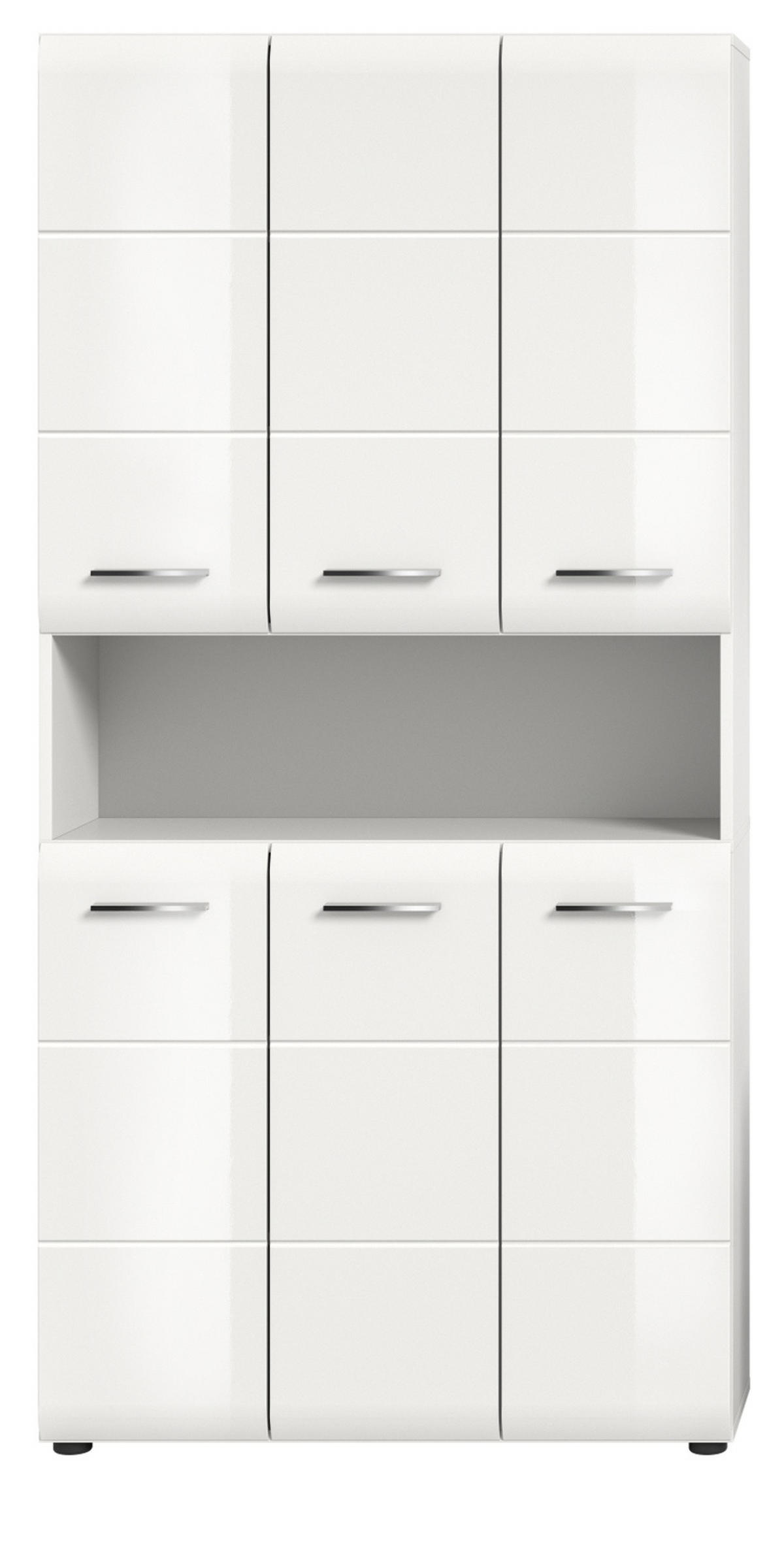 HOCHSCHRANK weiß Hochglanz, Mehrzweckschrank 90 cm mit 13 Fächern - Weiß Hochglanz/Silberfarben, Holzwerkstoff/Kunststoff (90/185/30cm) - Inn.Furn