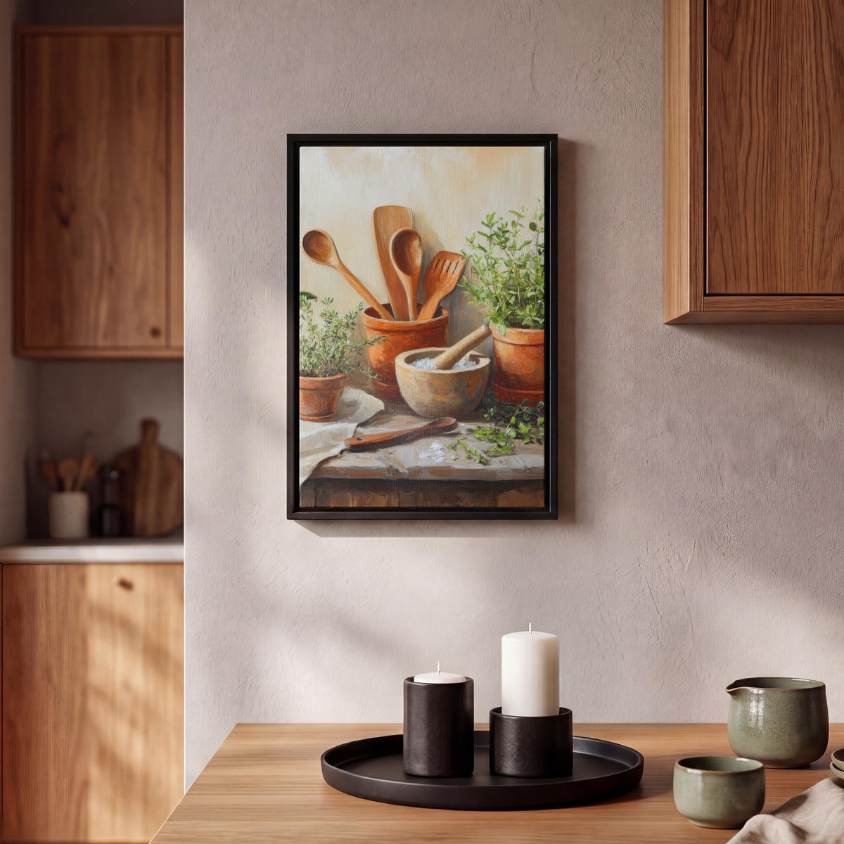 LEINWAND Bilder mit Rahmen - Töpfe - Kräuter - Holz - 20x30 - Terracotta, Textil (20/30cm) - MuchoWow