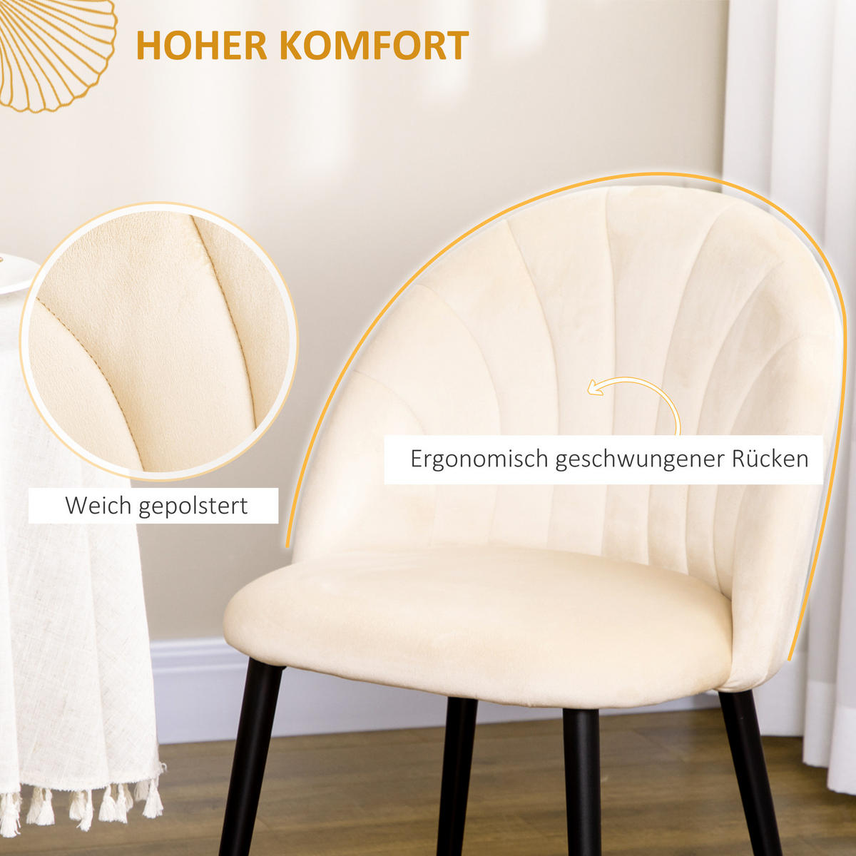 2ER-SET Esszimmerstühle Küchenstuhl Polsterstuhl mit Rückenlehne, Samtoptik - Creme, Kunststoff (54/79/52cm) - HOMCOM