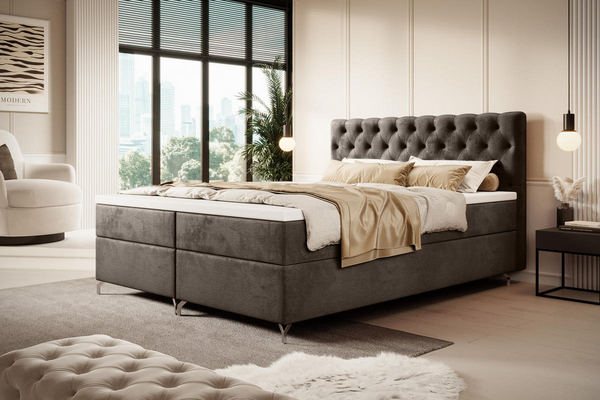 BOXBETT CHESTER 160x200, mit Matratze H3 und Topper, Monolith 15 - Braun, Holz/Textil (140/200cm) - Bedante