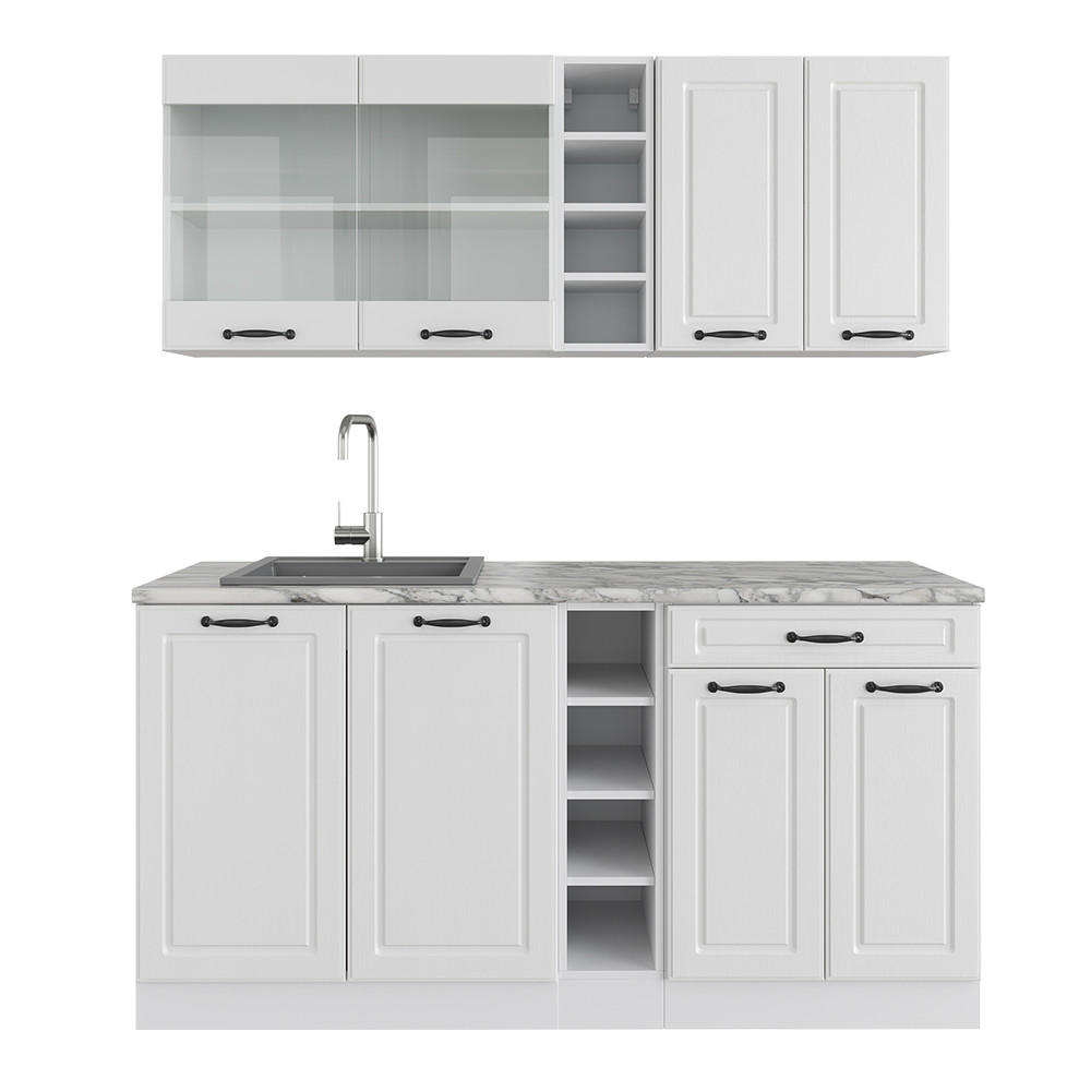 SINGLEKÜCHE R-Line Weiß Landhaus/Weiß 160 cm, AP Marmor - Creme/Weiß, Holzwerkstoff (160/81.6/60cm) - Vicco