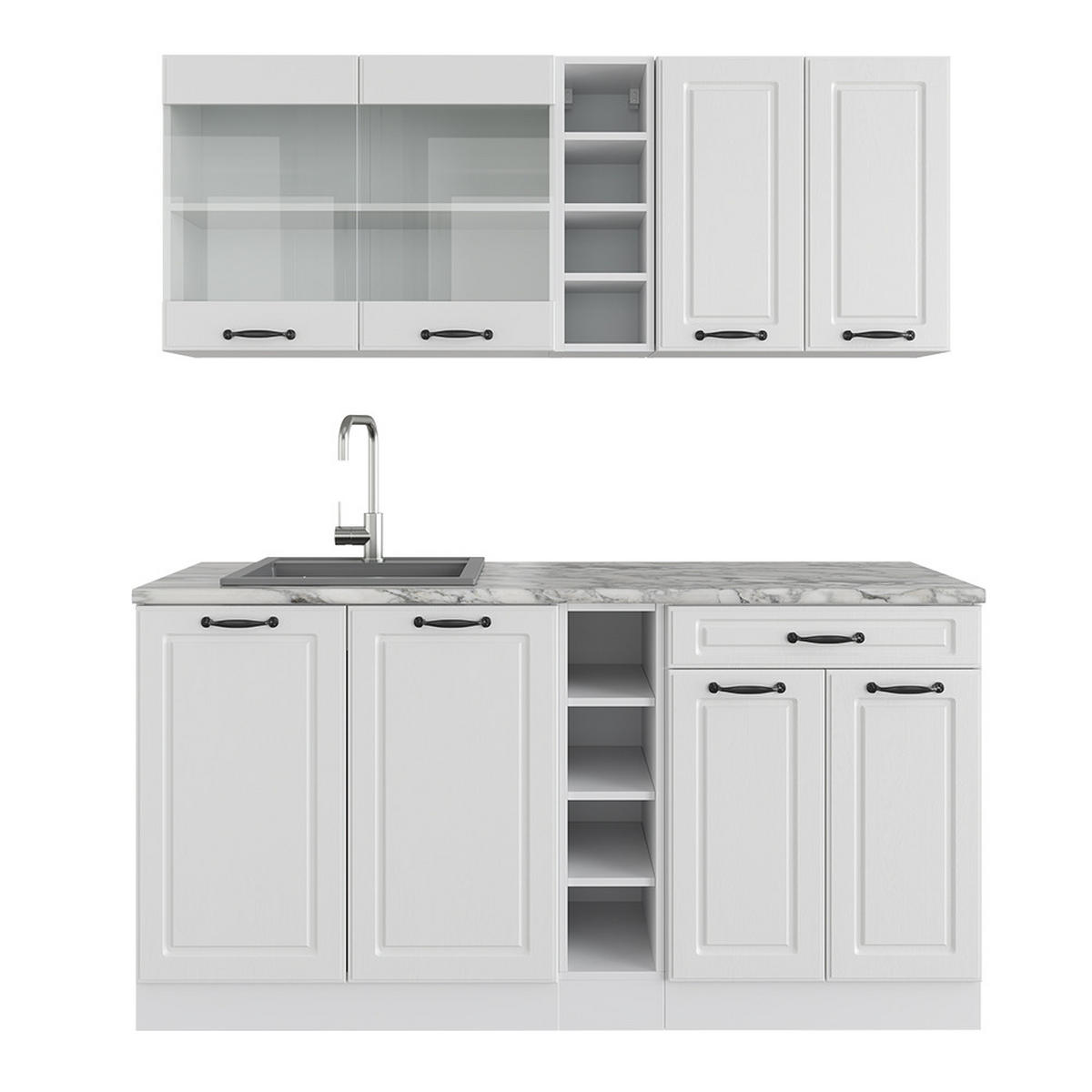 SINGLEKÜCHE R-Line Weiß Landhaus/Weiß 160 cm, AP Marmor - Creme/Weiß, Holzwerkstoff (160/81.6/60cm) - Vicco