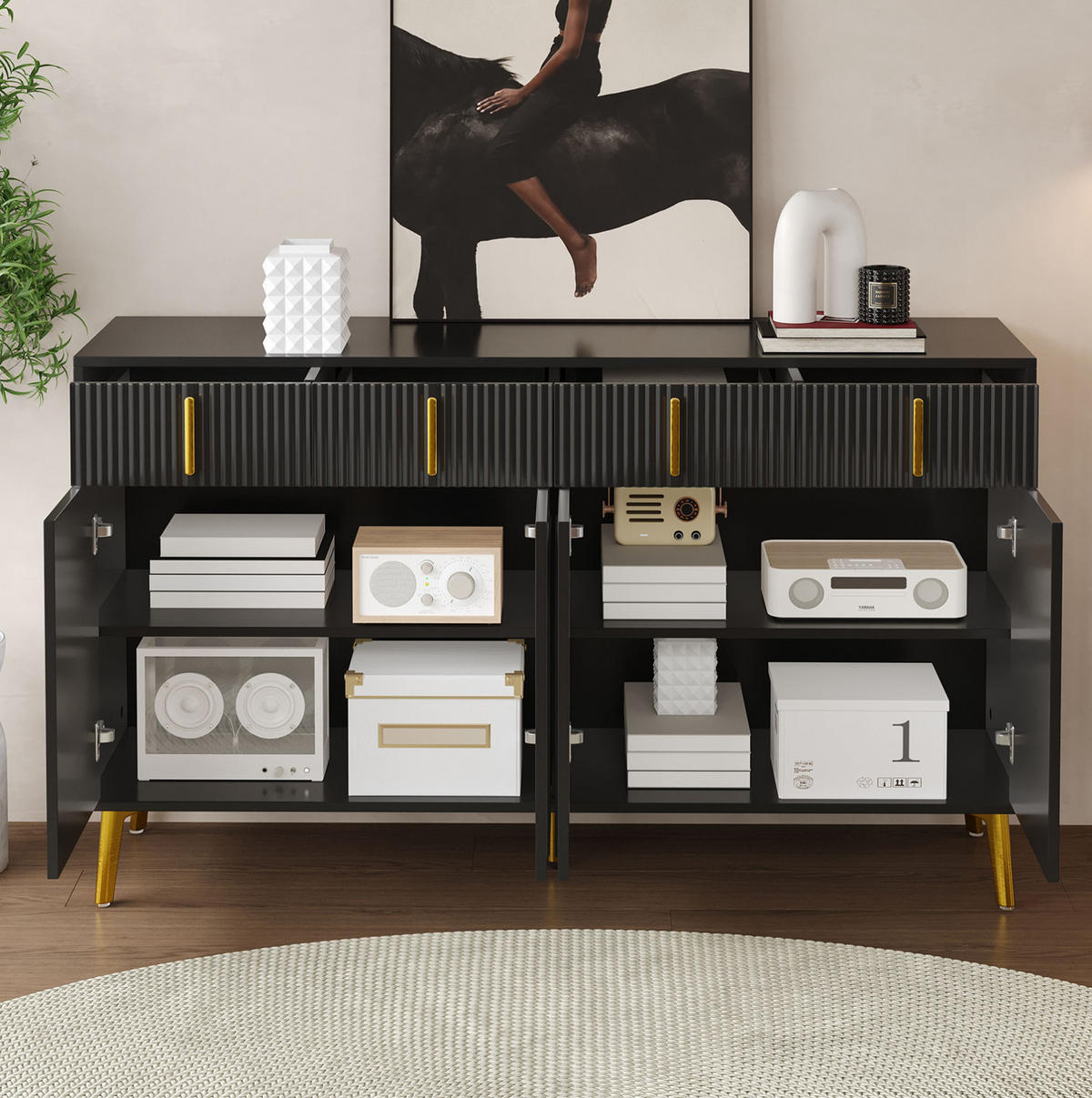 SIDEBOARD 140/38/82 cm Schwarz aus MDF mit 4 Türen und 4 Schubladen - Schwarz, Holzwerkstoff (140/82/38cm) - OKWISH