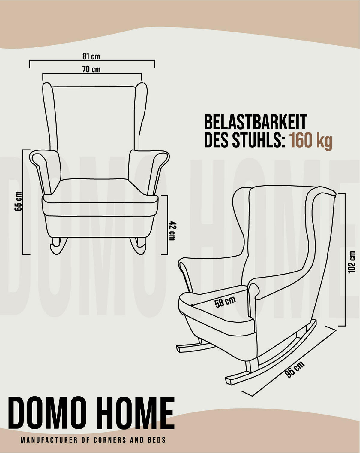 SCHAUKELSESSEL mit gepolstertem Sitz und Armlehnen, 102x81x95 cm, Beige_29800 - Schwarz/Cappuccino, Holz/Textil (81/102/95cm) - DomoHome