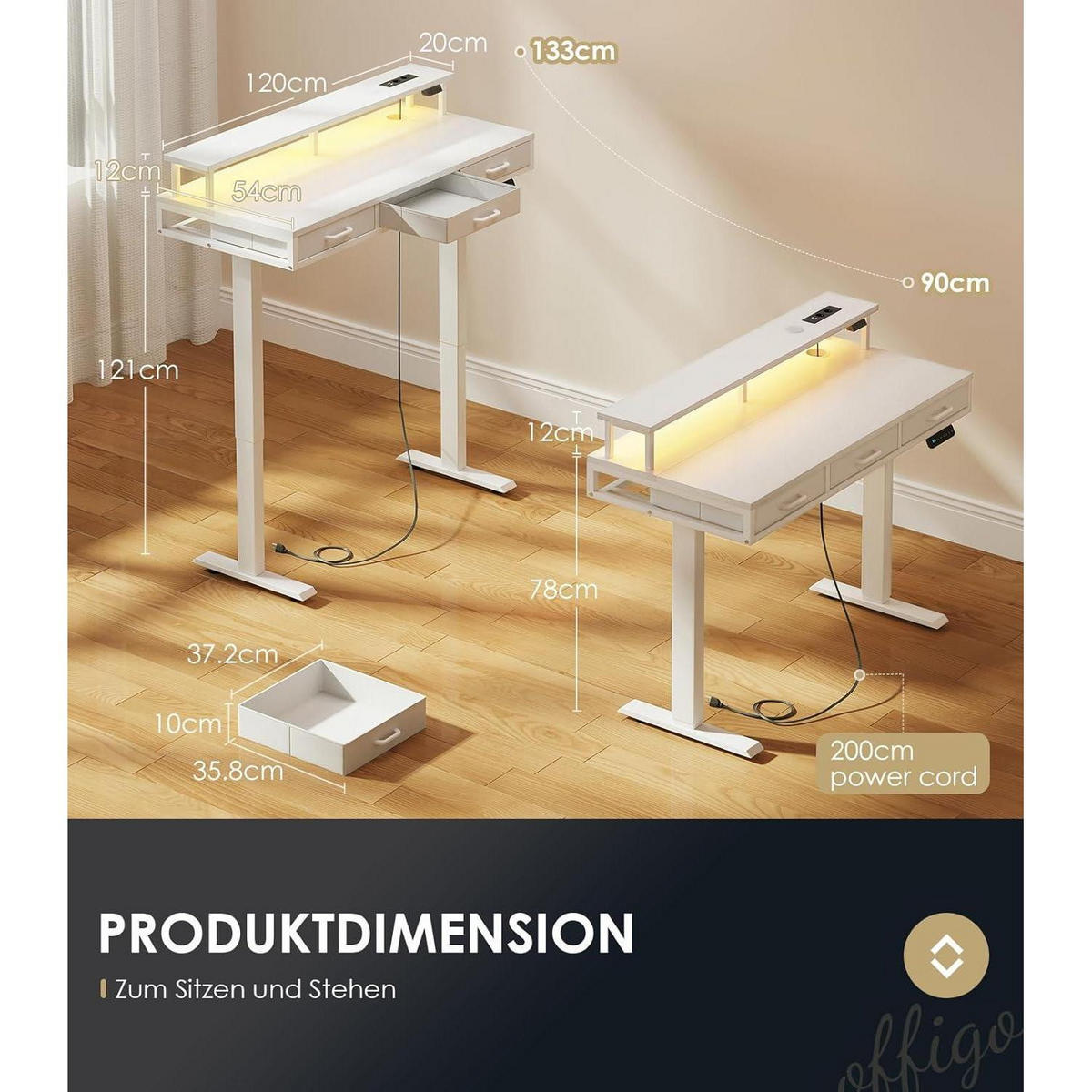 ELEKTRISCHER Schreibtisch mit Schubladen Weiß 120 x 54 cm - Weiß, Holz (54/120/78cm)