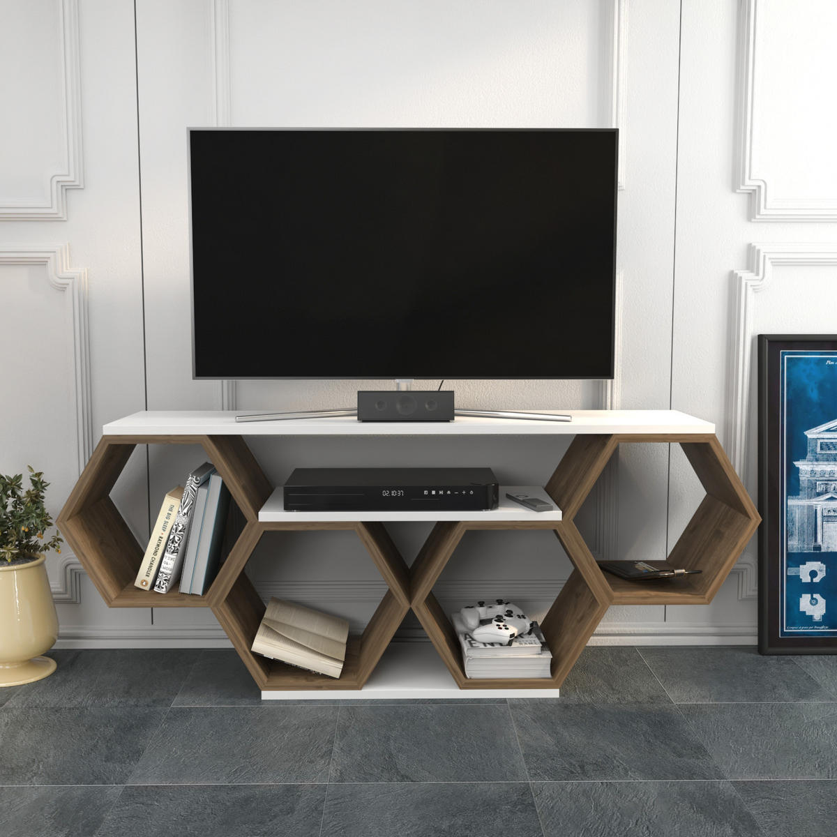 TV-ELEMENT Honig Weiß Walnuss - Walnussfarben/Weiß, Holzwerkstoff (140/55.5/29.6cm) - Decorotika