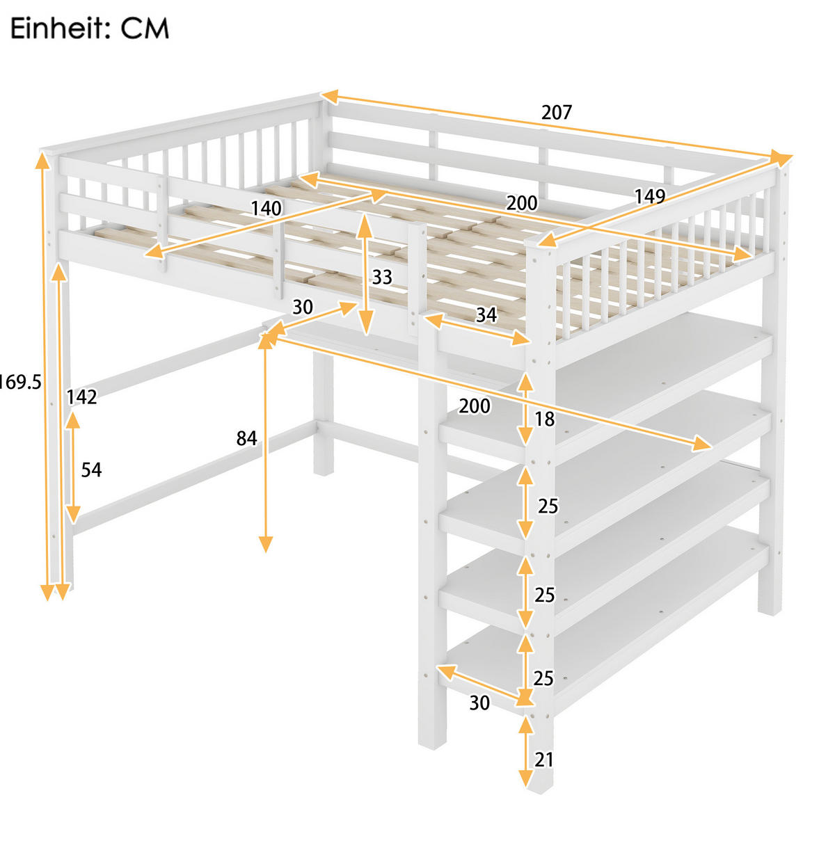HOCHBETT 140/200 cm, Weiß mit Ablagefächern und Schreibtisch ohne Matratze - Weiß, Holz (140/200cm) - MIVRAY