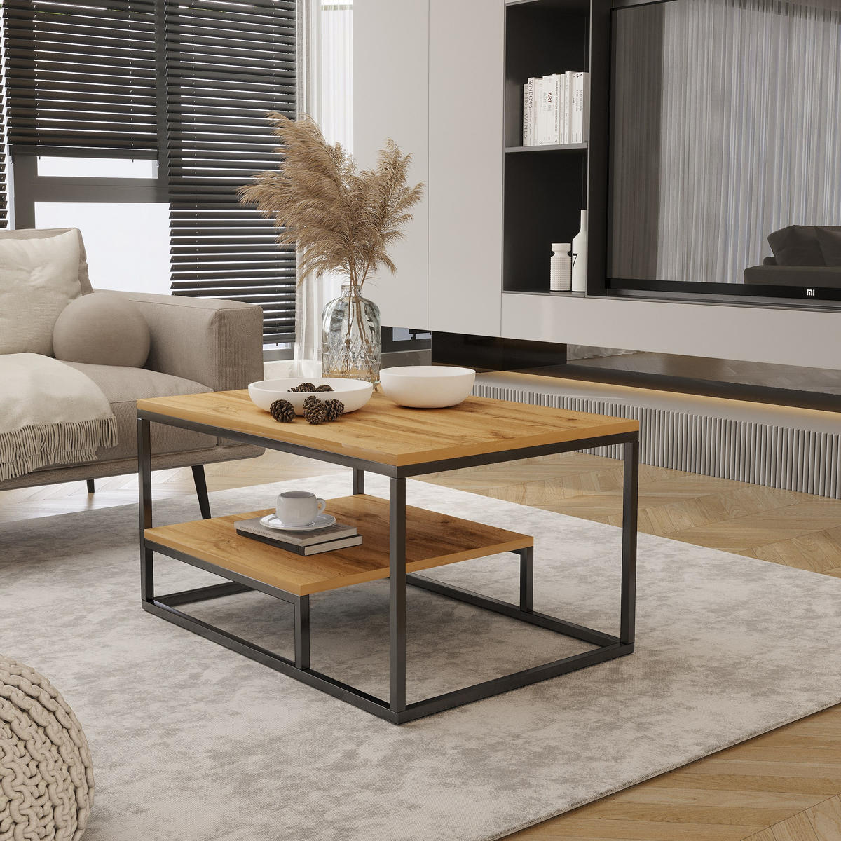 COUCHTISCHE Balance Wotan Eiche, Schwarz Gestell, Kaffeetisch mit Regal - Eiche Wotan/Schwarz, Holzwerkstoff (60/90/48cm) - Bettso