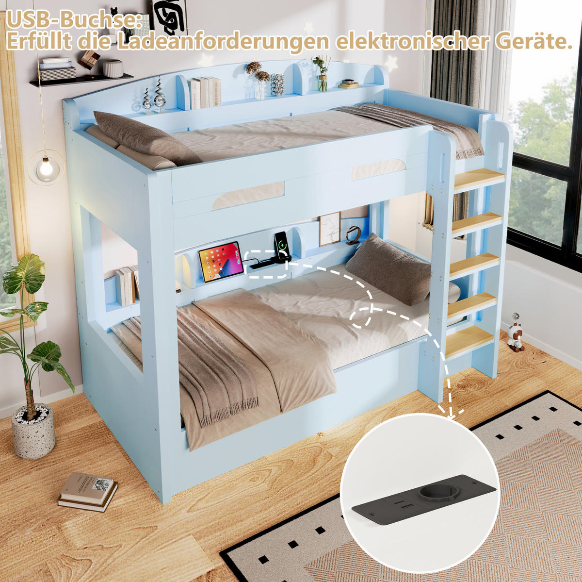 ETAGENBETT 90/200 cm in Hellblau mit USB-Steckdose und Ablagefächern - Blau, Holz (90/200cm) - Flora Grace